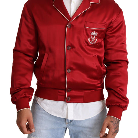 Dolce & Gabbana Red Silk Button DG Logo Bomber Jacket