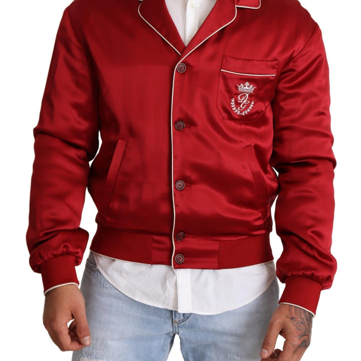 Dolce & Gabbana Red Silk Button DG Logo Bomber Jacket