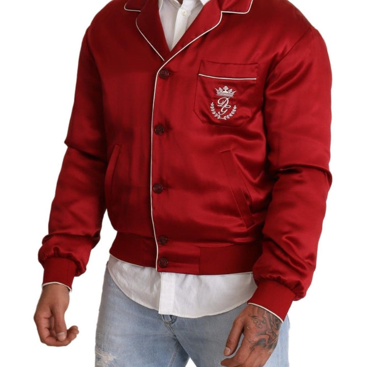 Dolce & Gabbana Red Silk Button DG Logo Bomber Jacket