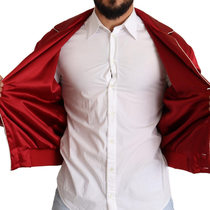 Dolce & Gabbana Red Silk Button DG Logo Bomber Jacket