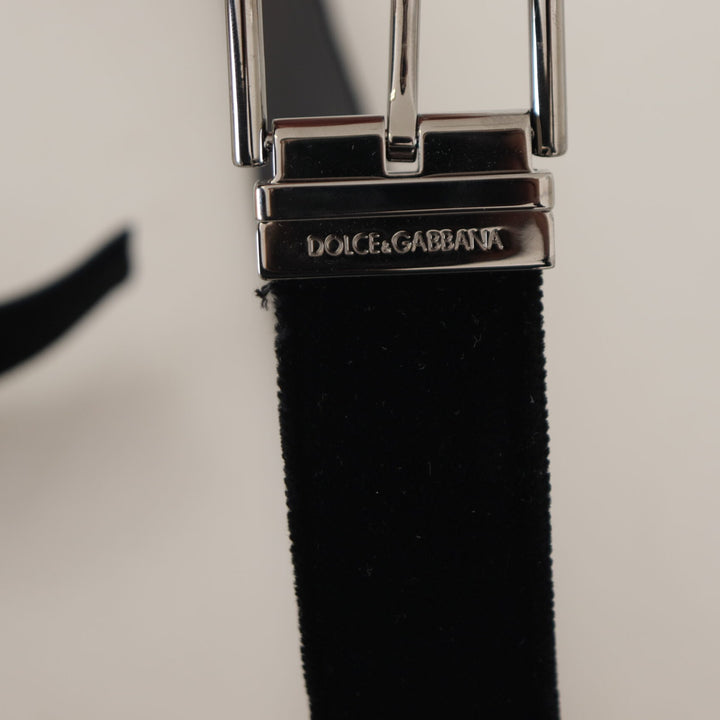 Dolce & Gabbana Black Velvet Silver Logo Engraved Metal Buckle Belt