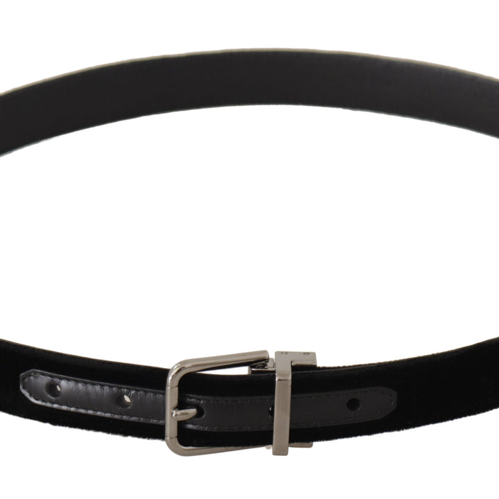 Dolce & Gabbana Black Velvet Silver Tone Logo Metal Buckle Belt