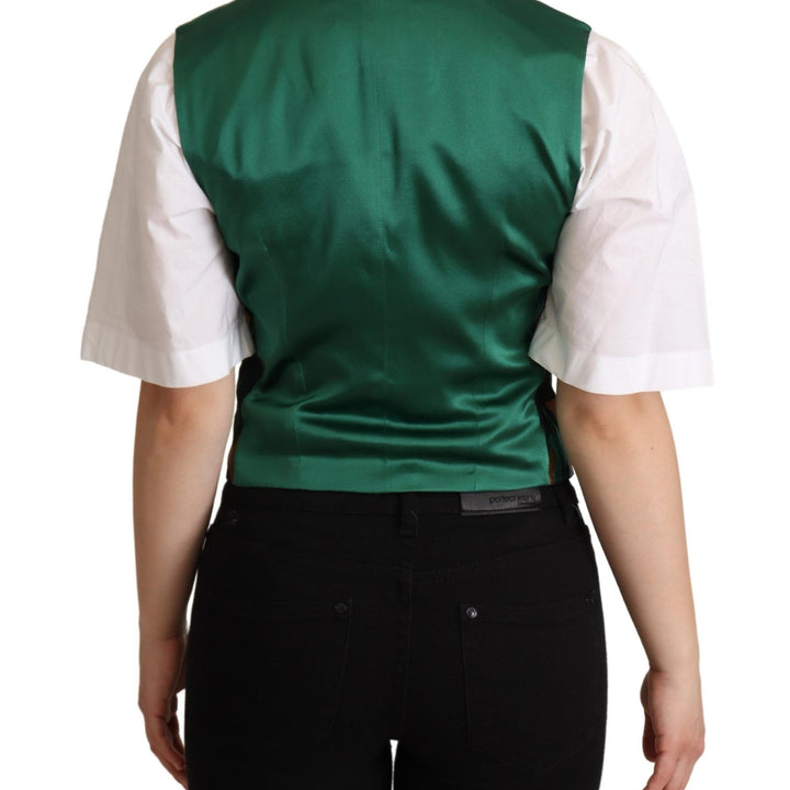 Dolce & Gabbana Green Jacquard Leaf Gold Waistcoat Vest