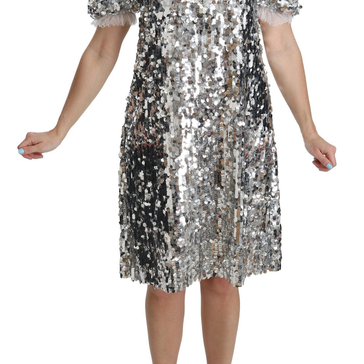 Dolce & Gabbana Silver Sequined Crystal Shift Gown Dress