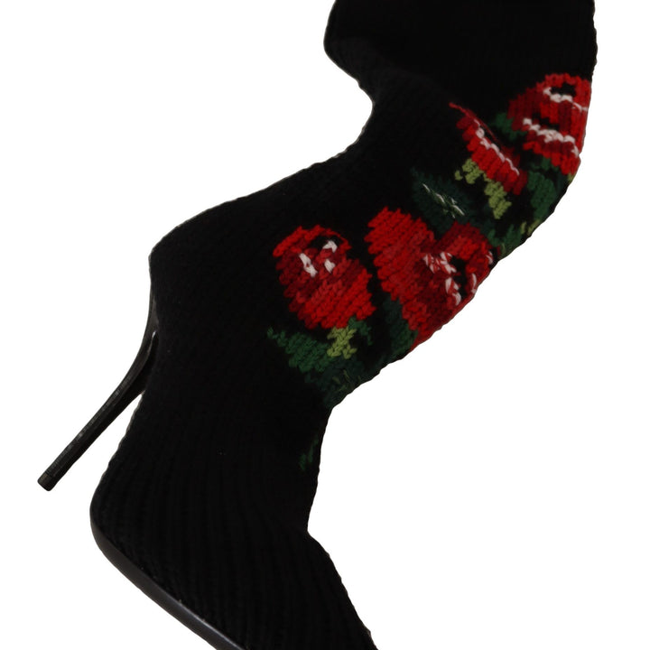 Dolce & Gabbana Black Stretch Socks Red Roses Booties Shoes