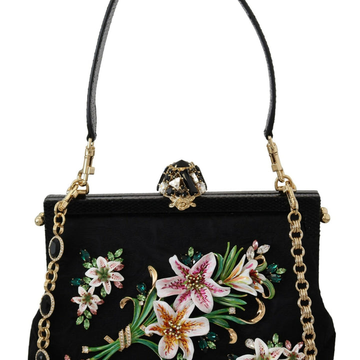 Dolce & Gabbana Black Floral Crystal Shoulder Silk Leather VANDA Purse