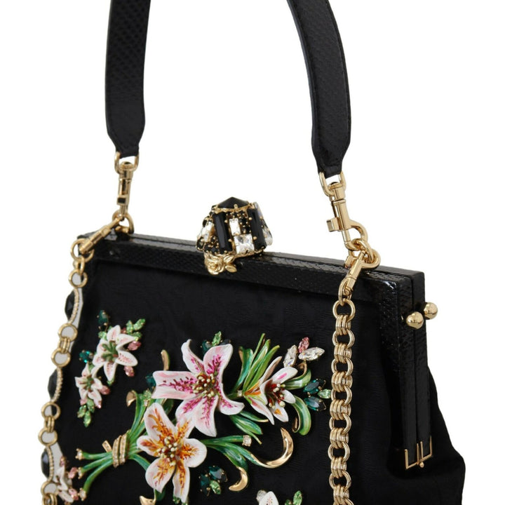 Dolce & Gabbana Black Floral Crystal Shoulder Silk Leather VANDA Purse