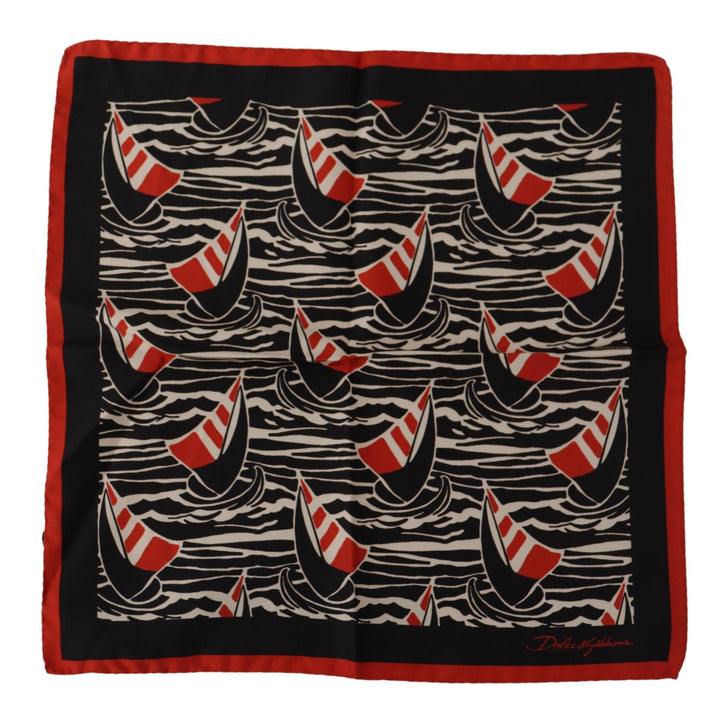 Dolce & Gabbana Black Red Sailboat Square Handkerchief Silk Scarf