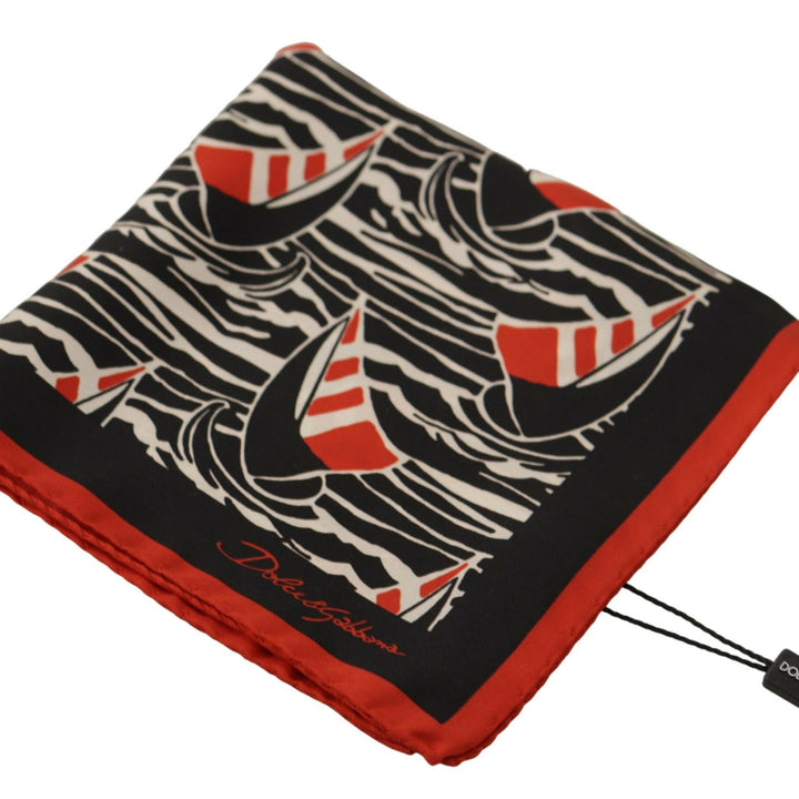 Dolce & Gabbana Black Red Sailboat Square Handkerchief Silk Scarf