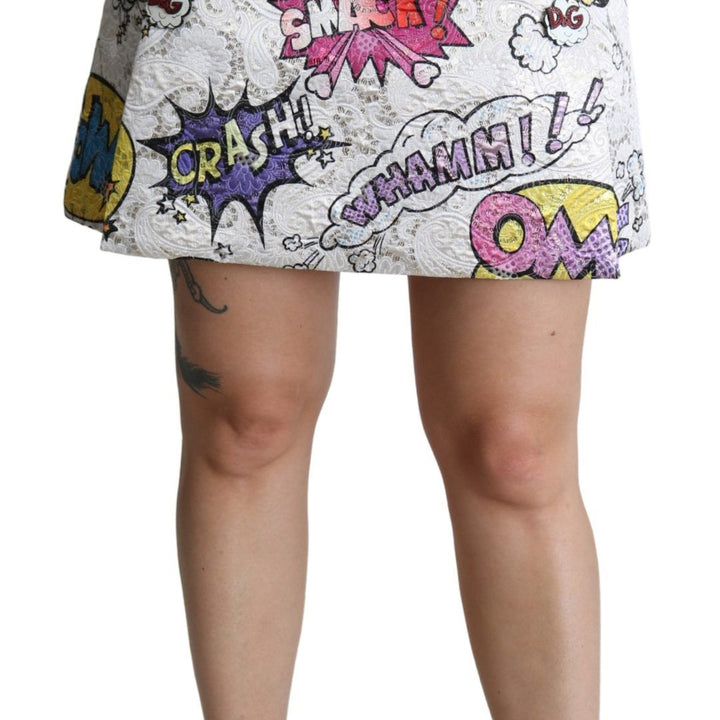 Dolce & Gabbana White Cartoon Brocade A-line High Waist Skirt