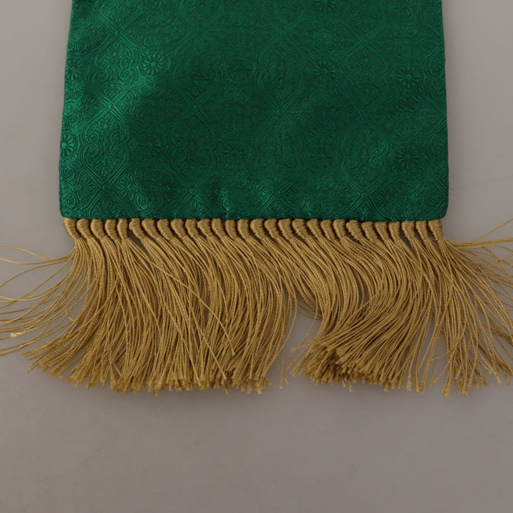 Dolce & Gabbana Green Crown Embroidered Shawl Fringe Blend Silk