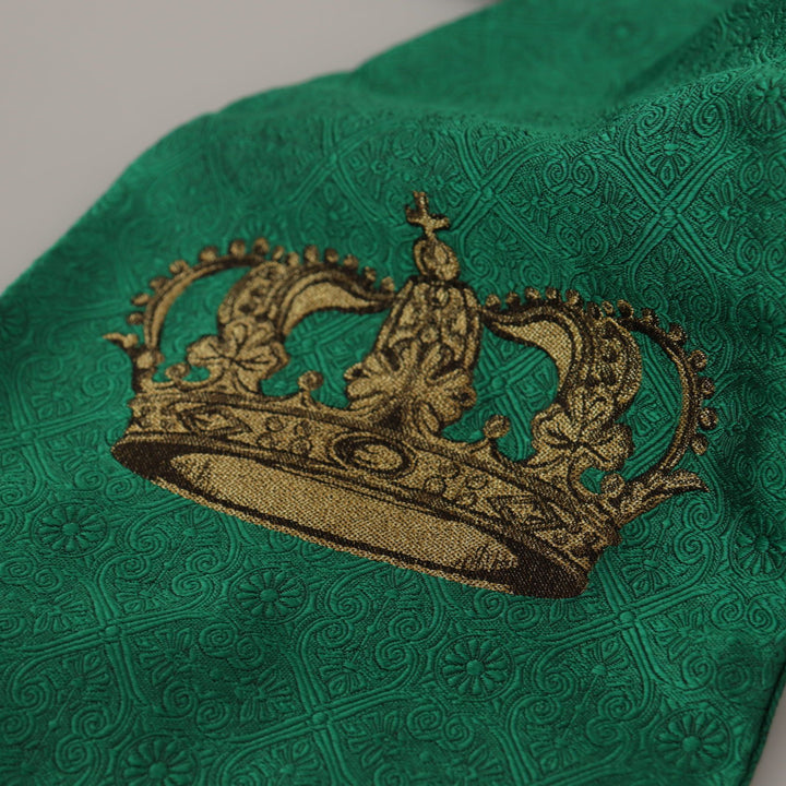 Dolce & Gabbana Green Crown Embroidered Shawl Fringe Blend Silk