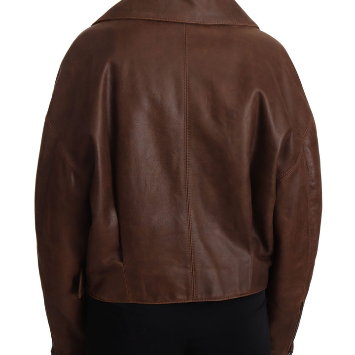Dolce & Gabbana Brown Bull Leather Collared Biker Jacket