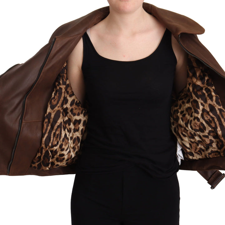 Dolce & Gabbana Brown Bull Leather Collared Biker Jacket