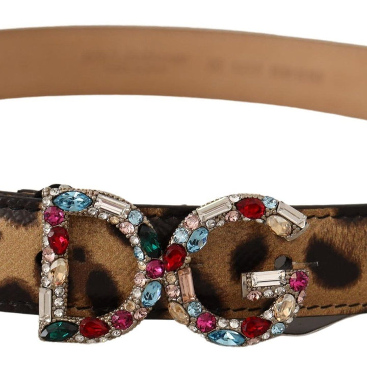 Dolce & Gabbana Brown Leopard Leather DG Crystals Buckle Belt