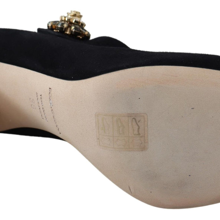 Dolce & Gabbana Black Suede Crystal Heels Mary Jane Shoes