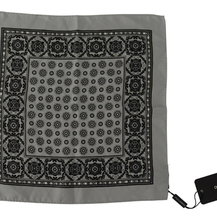 Dolce & Gabbana Grey Patterned Square Mens Handkerchief Silk Scarf