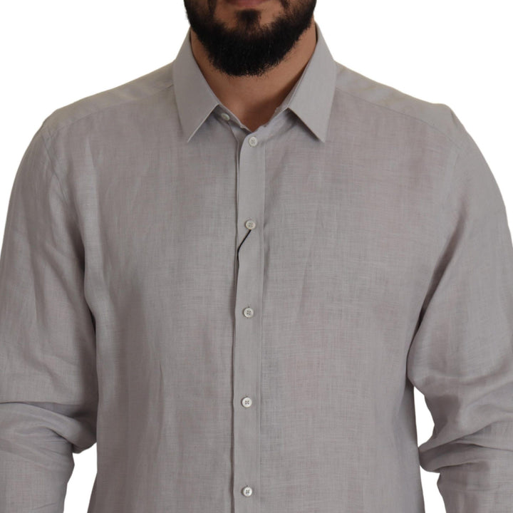 Dolce & Gabbana Gray Linen Long Sleeves Formal GOLD Shirt