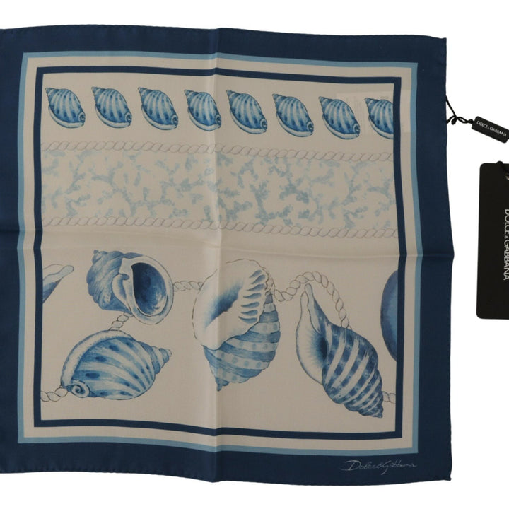 Dolce & Gabbana White Blue Shells Print Square Handkerchief Scarf