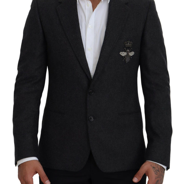 Dolce & Gabbana Gray Wool Crown Bee Formal Blazer