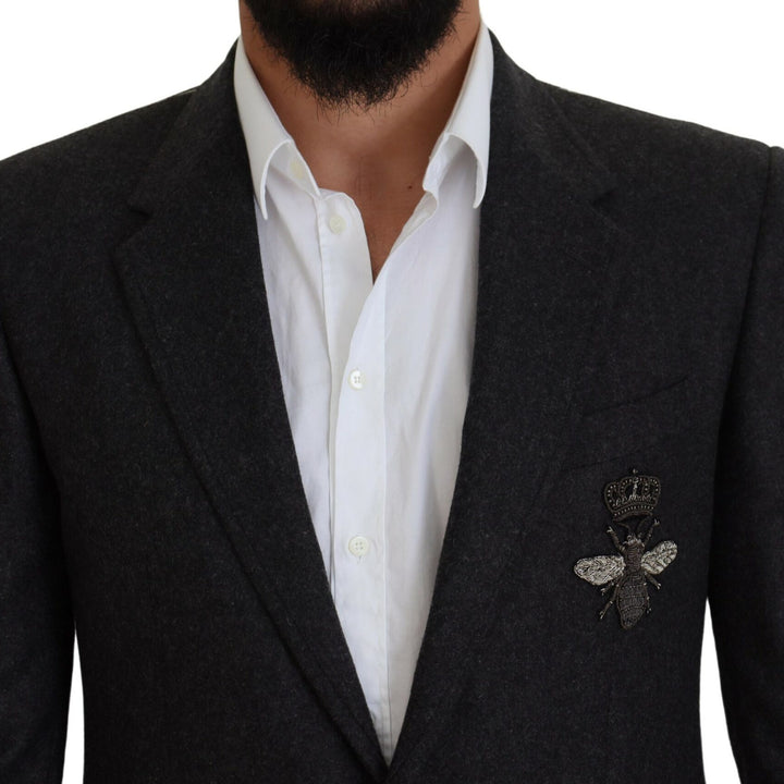 Dolce & Gabbana Gray Wool Crown Bee Formal Blazer