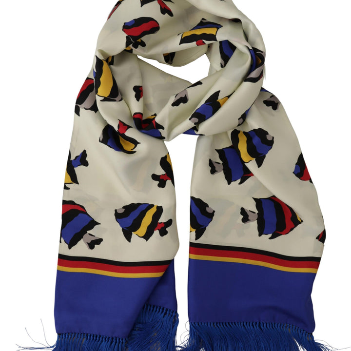 Dolce & Gabbana Multicolor Fish Printed Shawl Neck Wrap Fringe Scarf