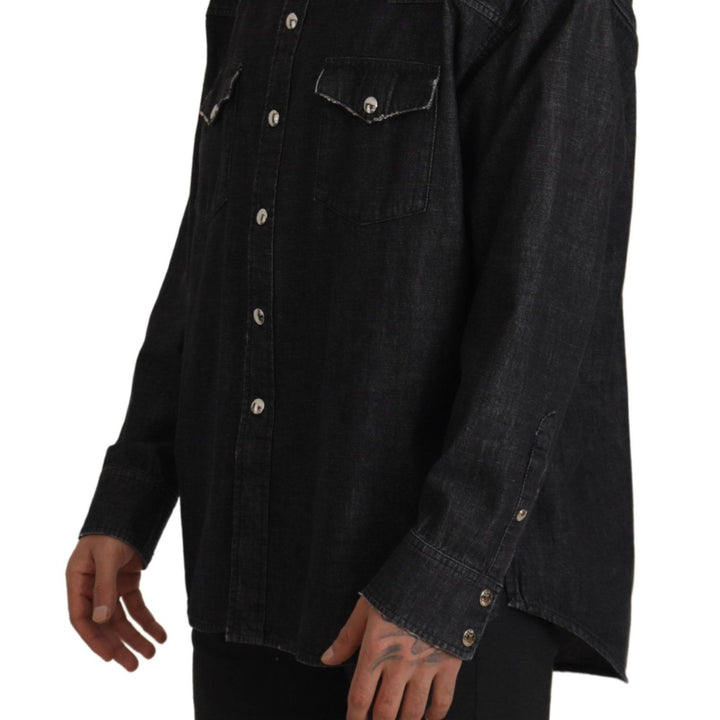 Dolce & Gabbana Gray Cotton Stretch Button Down Denim Shirt