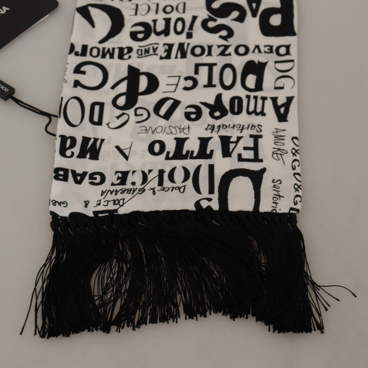 Dolce & Gabbana White Silk DG Logo Doodle Pattern Shawl Fringe Scarf