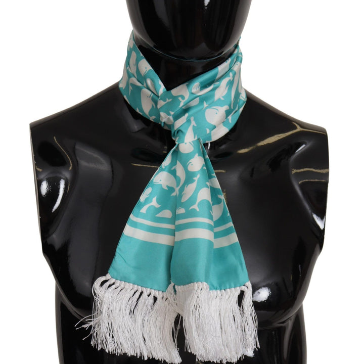 Dolce & Gabbana Blue Whale Printed Shawl Wrap Fringe Silk Teal Scarf