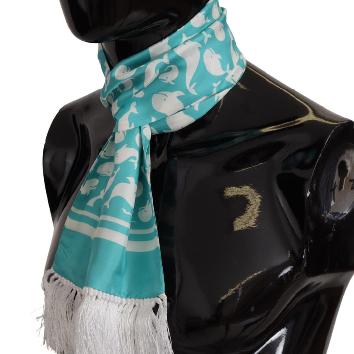 Dolce & Gabbana Blue Whale Printed Shawl Wrap Fringe Silk Teal Scarf