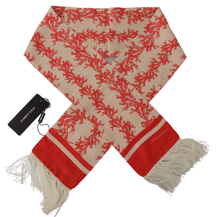 Dolce & Gabbana White Red Coral Print Shawl Wrap Fringe Scarf