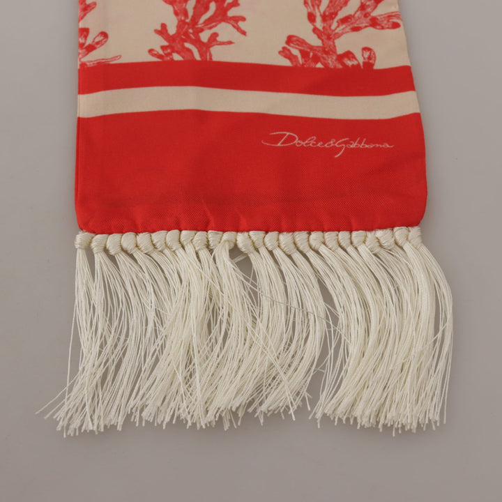 Dolce & Gabbana White Red Coral Print Shawl Wrap Fringe Scarf