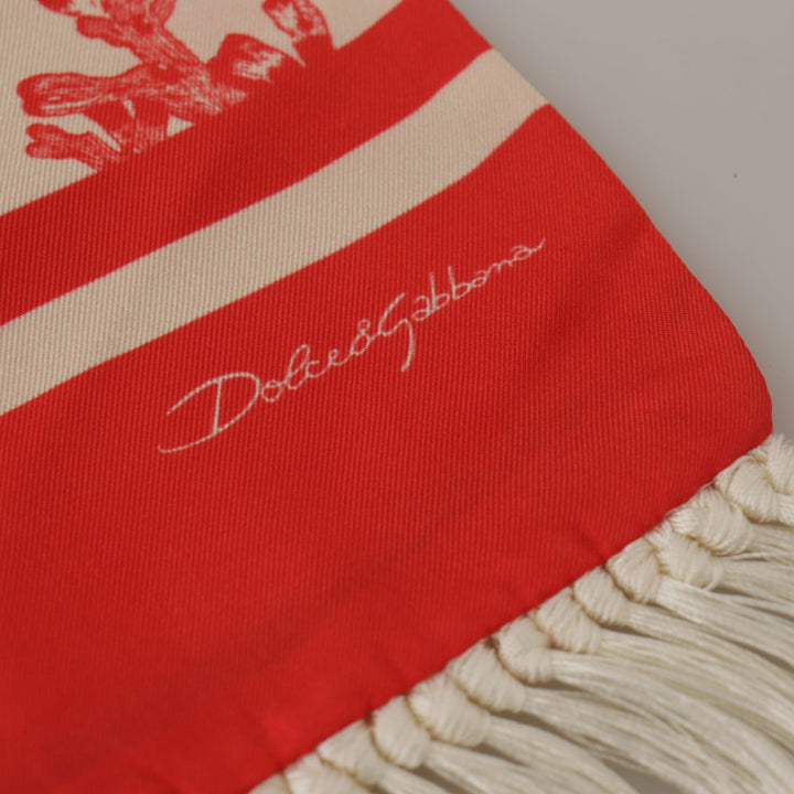 Dolce & Gabbana White Red Coral Print Shawl Wrap Fringe Scarf