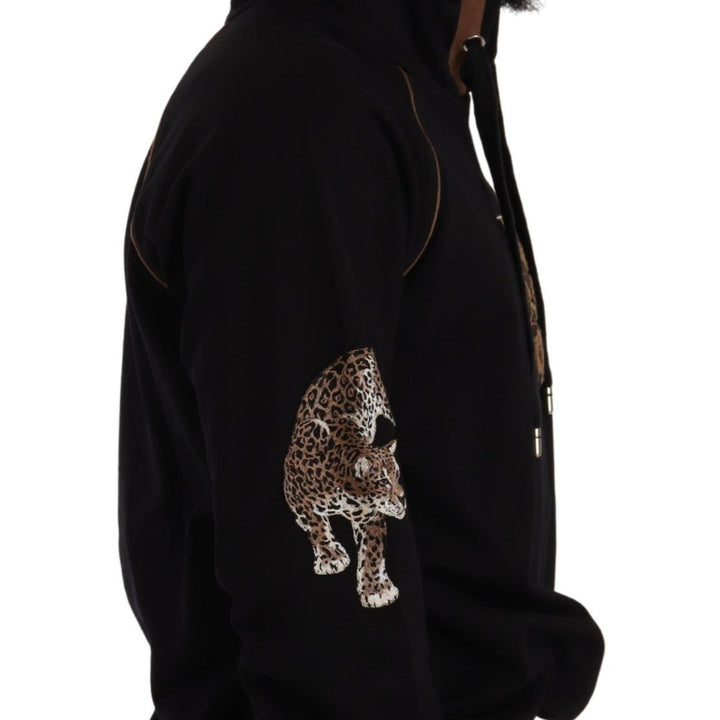 Dolce & Gabbana Black Brown Leopard Cotton Hooded Pullover Sweater