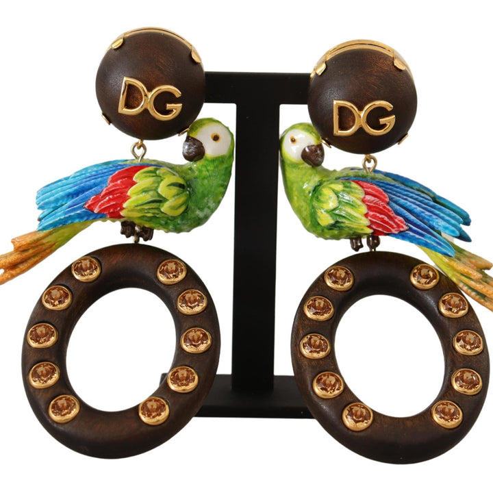 Dolce & Gabbana Gold Brass Wood Parrot Hoop Clip-on Jewelry Dangling Earrings