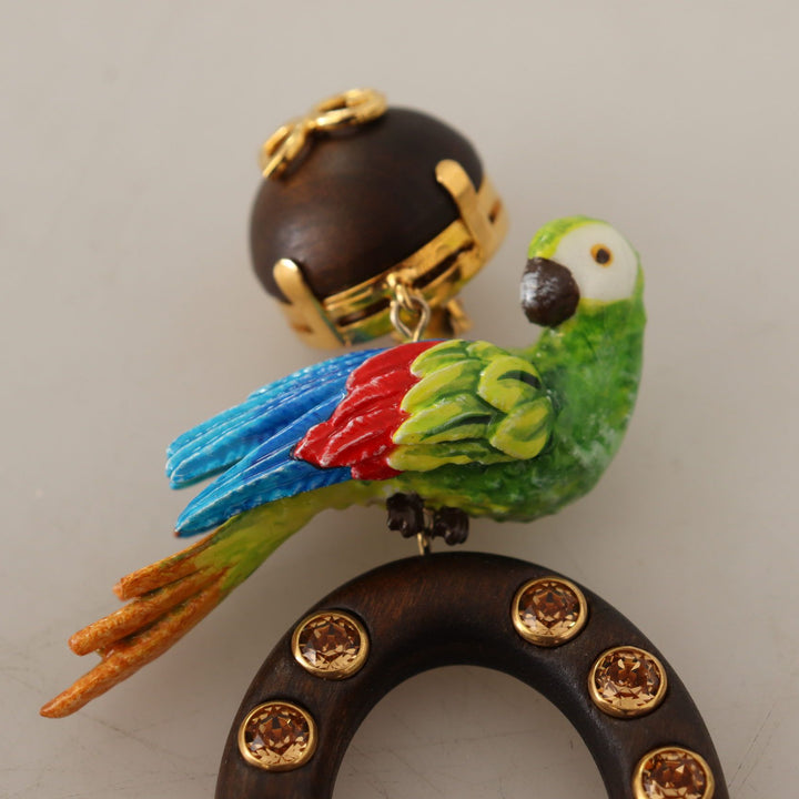 Dolce & Gabbana Gold Brass Wood Parrot Hoop Clip-on Jewelry Dangling Earrings