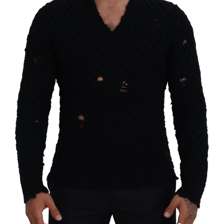 Dolce & Gabbana Black Wool V-neck Knitted Pullover Sweater