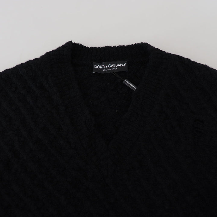 Dolce & Gabbana Black Wool V-neck Knitted Pullover Sweater