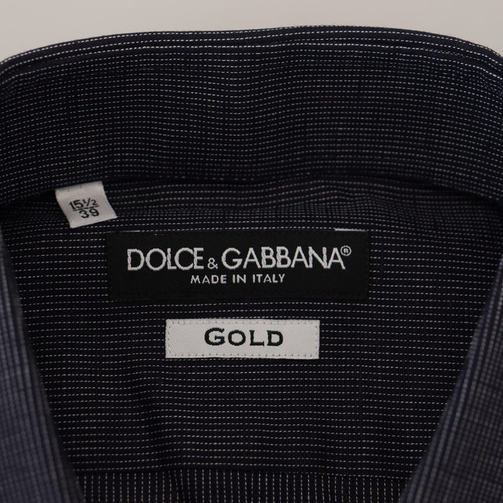 Dolce & Gabbana Dark Blue Stripe Flax Dress Formal GOLD Shirt