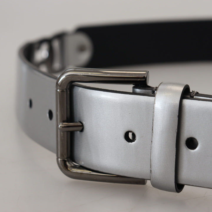 Dolce & Gabbana Metallic Silver Leather DG Logo Metal Buckle Belt