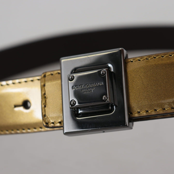 Dolce & Gabbana Gold Leather Silver Square Metal Buckle Belt