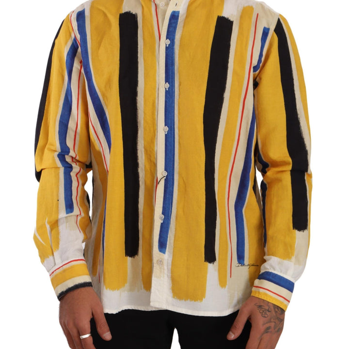 Dolce & Gabbana Yellow Striped Henley Linen Cotton Shirt