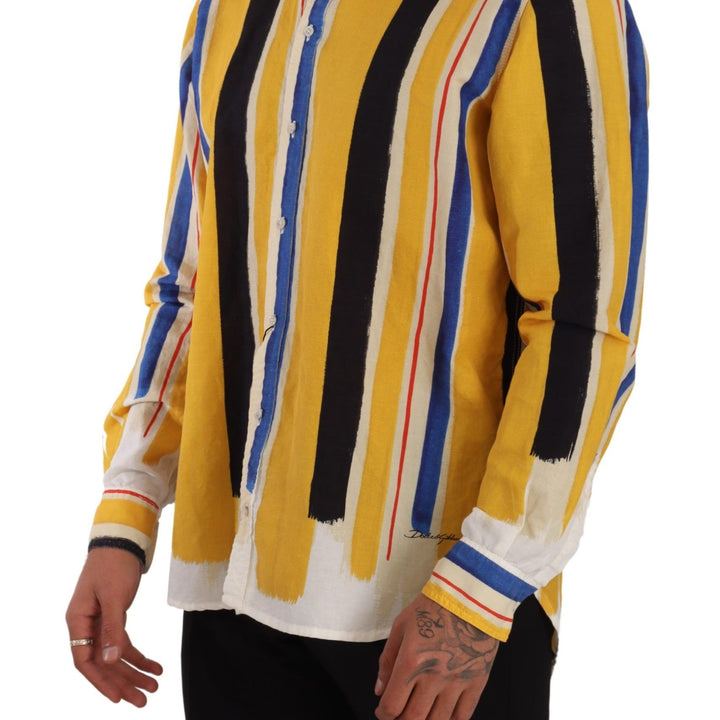 Dolce & Gabbana Yellow Striped Henley Linen Cotton Shirt