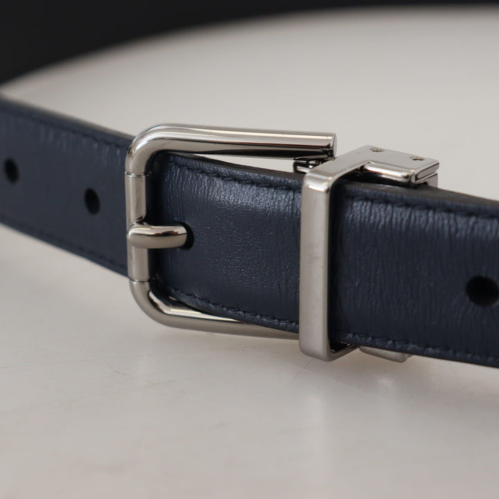 Dolce & Gabbana Blue Calf Leather Silver Tone Metal Buckle Belt