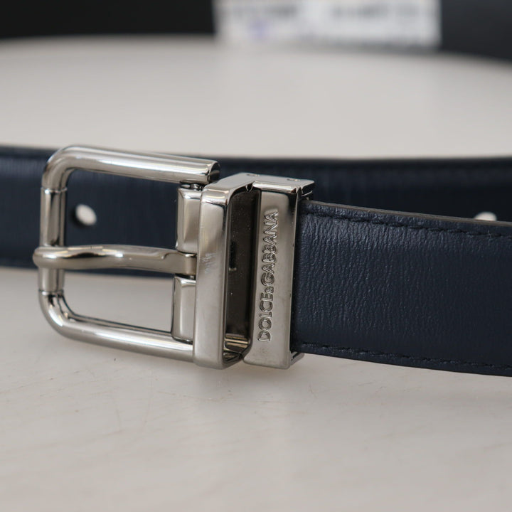 Dolce & Gabbana Blue Calf Leather Silver Tone Metal Buckle Belt