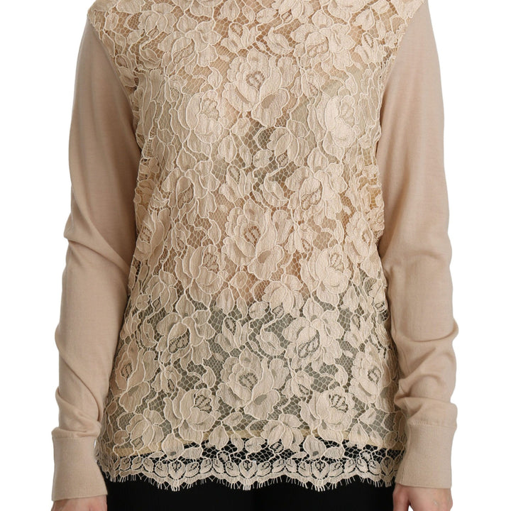 Dolce & Gabbana Beige Lace Long Sleeve Top Cashmere Blouse