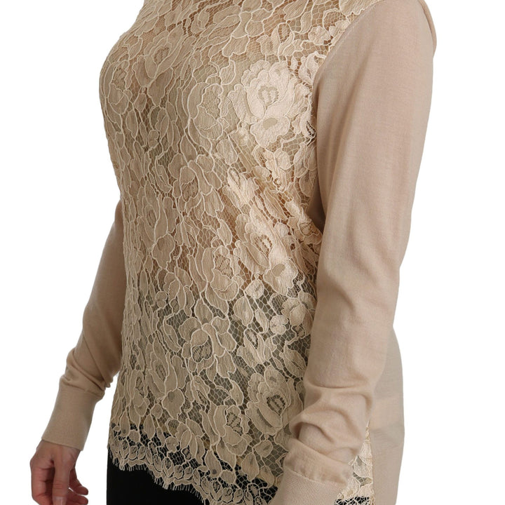 Dolce & Gabbana Beige Lace Long Sleeve Top Cashmere Blouse