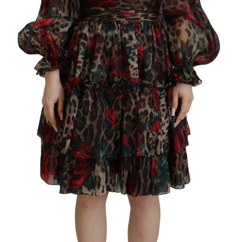 Dolce & Gabbana Brown Leopard Roses Silk Ruffled Gown Dress