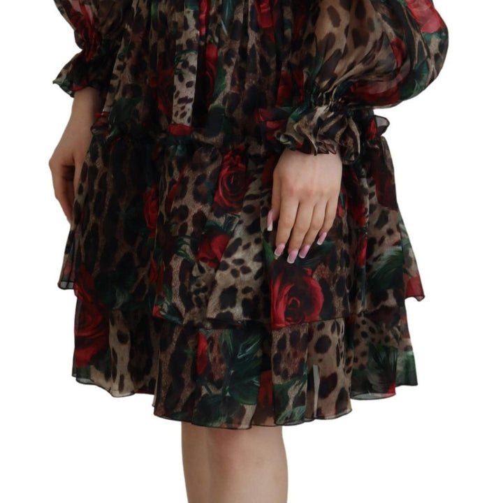 Dolce & Gabbana Brown Leopard Roses Silk Ruffled Gown Dress