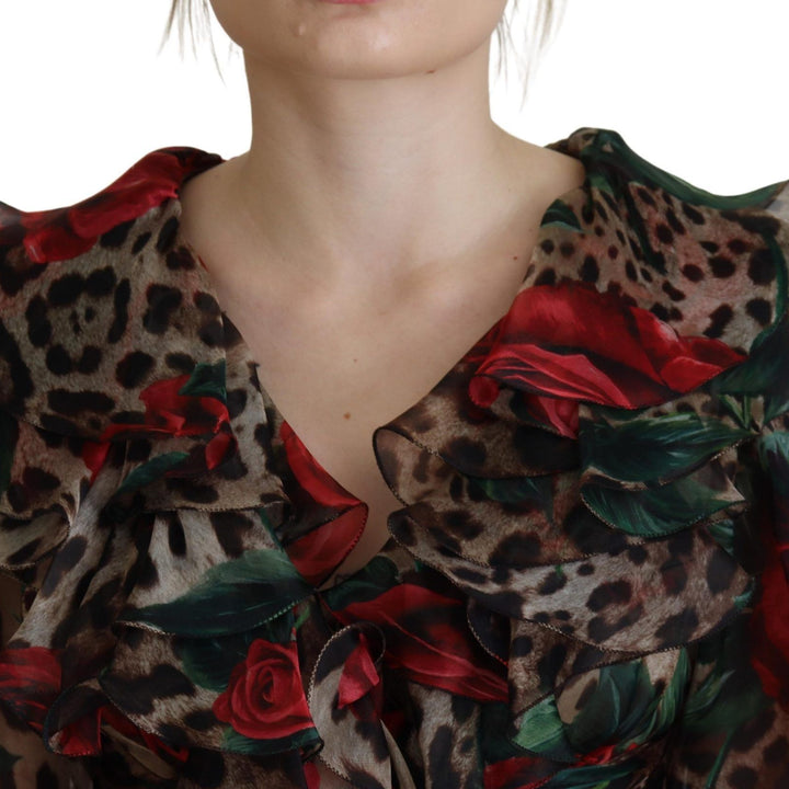 Dolce & Gabbana Brown Leopard Roses Silk Ruffled Gown Dress